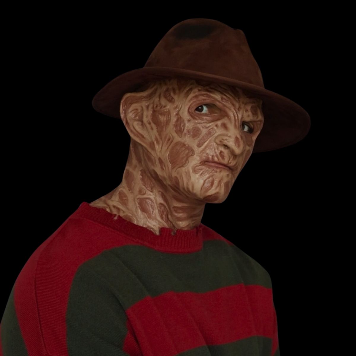 Freddy Krueger Halloween mask with brown hat and striped sweater – realistic horror costume from The Terror Lab.